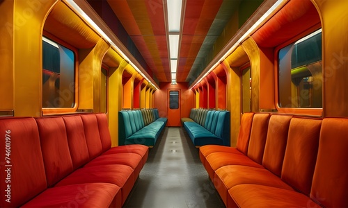 Public transport skyline train, subway car interior with colorful seats.