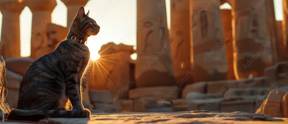 Elegant Cat sitting ancient Egyptian temple ruins. - obrazy, fototapety, plakaty 