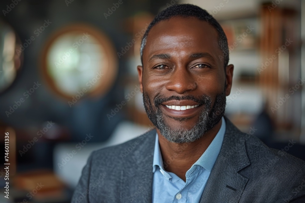A close-up portrait of a cheerful man with a beard smiling confidently in a professional suit and tie A close-up portrait of a cheerful man with a beard smiling confidently in a professional suit and tie