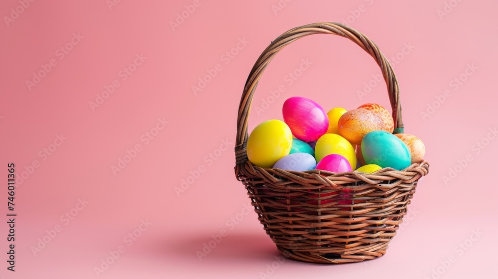 Easter decoration colorful eggs in basket on pink background with copy space. Beautiful colorful easter eggs. Happy Easter. Isolated.