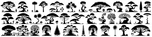 Jurassic silhouette collection of trees and plants, ancient trees