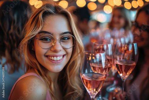 Smiling young woman in pink attire holding wine glasses at a social event with bokeh lights