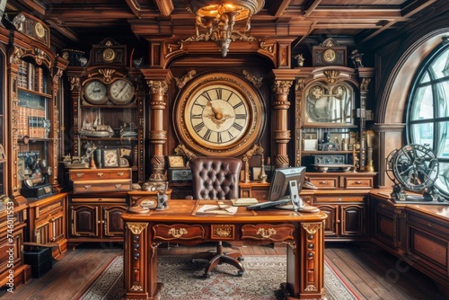 Large Wooden Desk With Clock