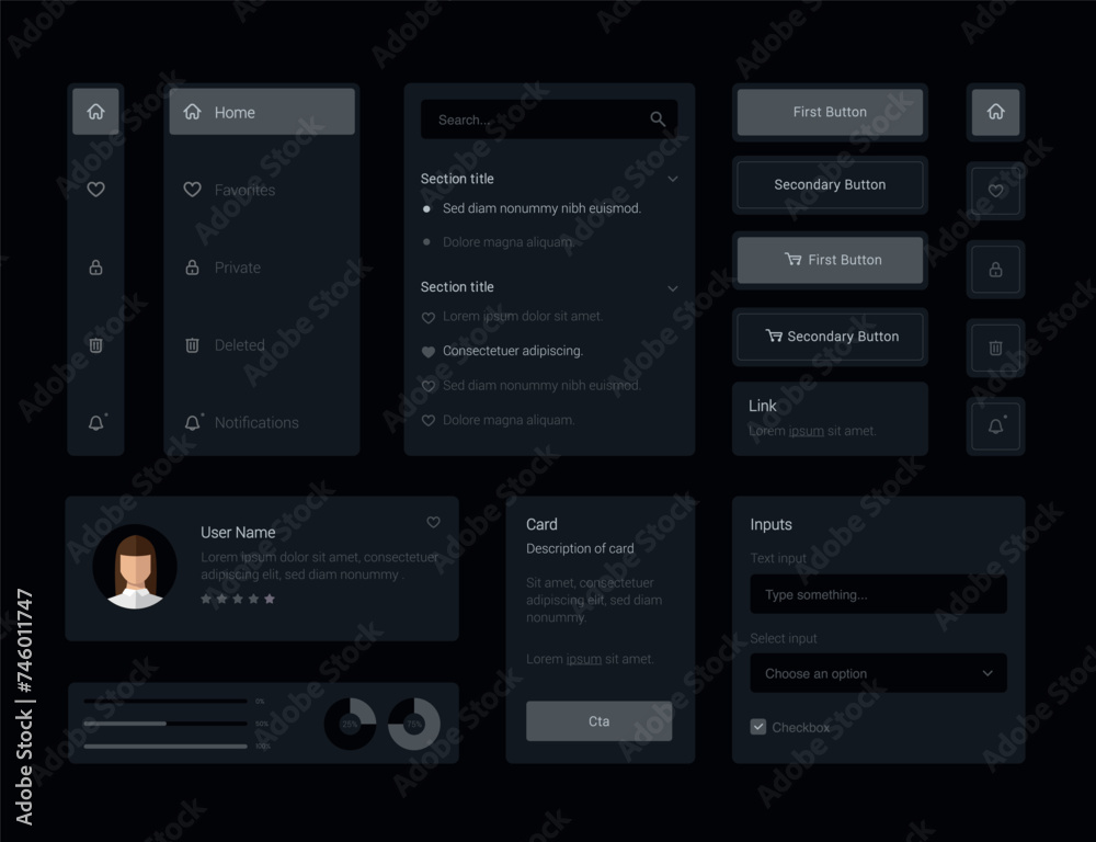 Dark Collection of gray elegant ui ux elements. Ux dashboard user panel template. User interface, experience. UI elements to book the app.