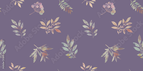 Bright colorful leaves drawn in watercolor on a light purple background, seamless botanical pattern © Sergei