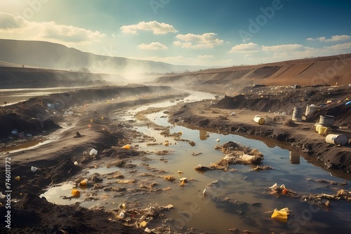 A polluted landfill leaking harmful liquids sunrise over the river