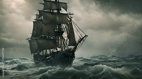 sail ship braving the waves of a wild stormy sea at night photo