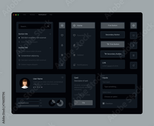 Dark Collection of gray elegant ui ux elements. Ux dashboard user panel template. User interface, experience. UI elements to book the app.