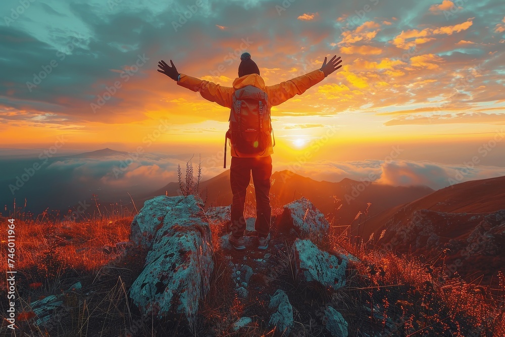 As dawn breaks, a man with outstretched arms embraces the warm glow of the sunrise over rolling mountain mists As dawn breaks, a man with outstretched arms embraces the warm glow of the sunrise over rolling mountain mists