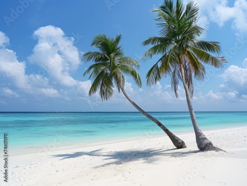 Picture of a white beach, beautiful clear blue sea, and 2 coconut trees