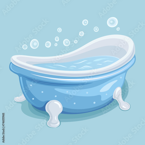 Cartoon baby bathtub filled with water and bubbles. Color vector illustration.