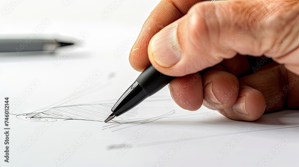 Our image features a hand holding a pen, writing on a white background—a closeup view capturing the art of penmanship, creativity, and the business concept of personalized communication Our image features a hand holding a pen, writing on a white background—a closeup view capturing the art of penmanship, creativity, and the business concept of personalized communication