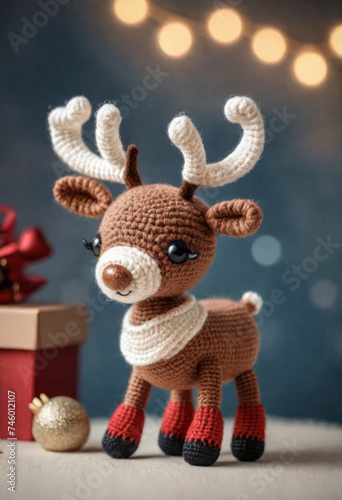 Little cute reindeer handmade toy on beautiful Christmas background. Amigurumi toy making, knitting, hobby © Павел Абрамов