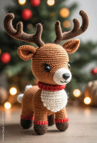 Little cute reindeer handmade toy on beautiful Christmas background. Amigurumi toy making, knitting, hobby © Павел Абрамов