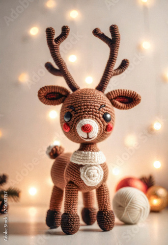 Little cute reindeer handmade toy on beautiful Christmas background. Amigurumi toy making, knitting, hobby