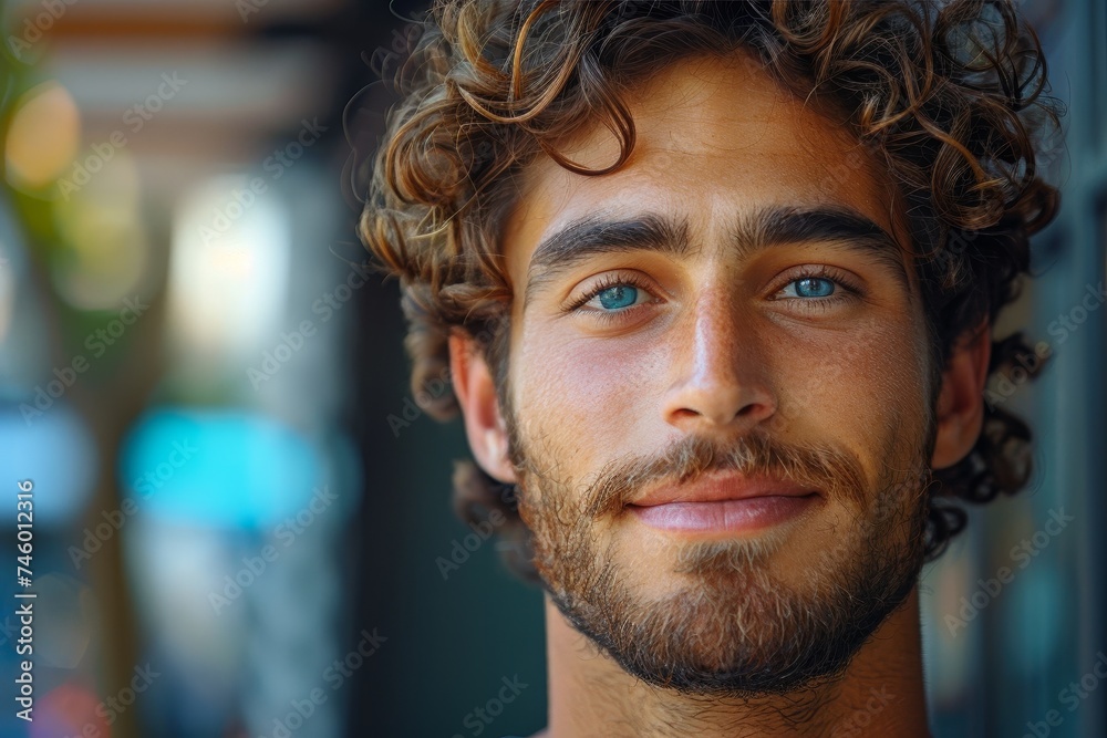 Close up of a man with piercing blue eyes and curly hair in soft light Close up of a man with piercing blue eyes and curly hair in soft light