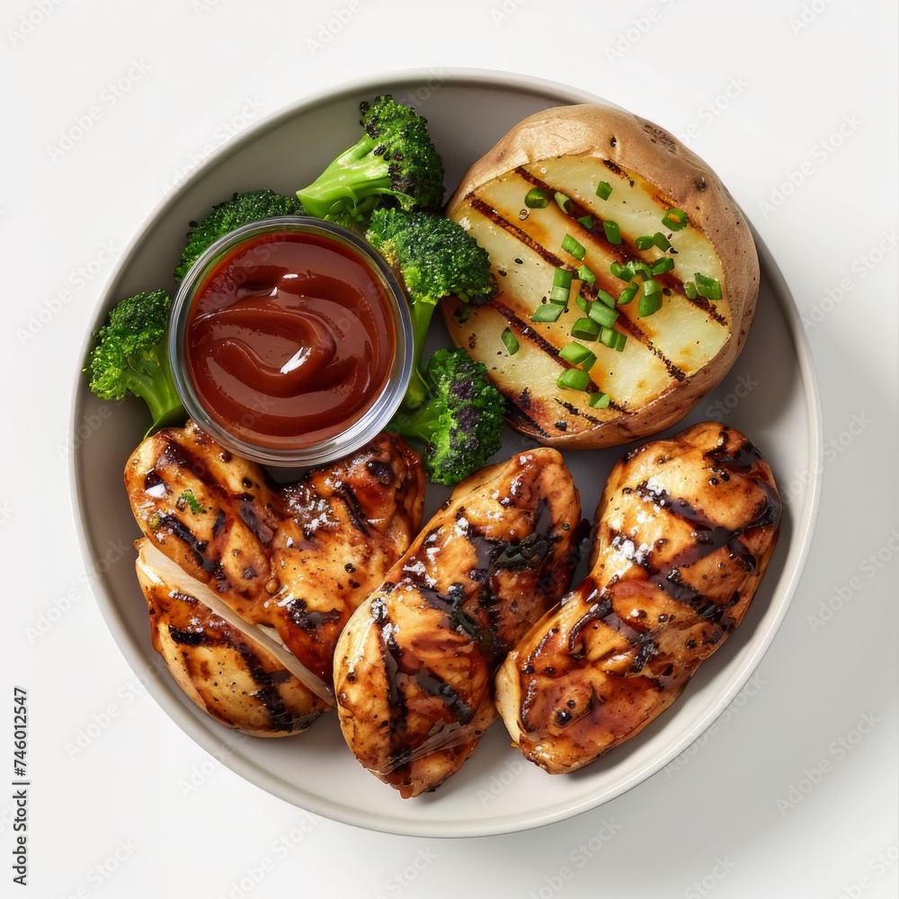 Grilled Chicken, Broccoli, Potatoes, and Ketchup Plate