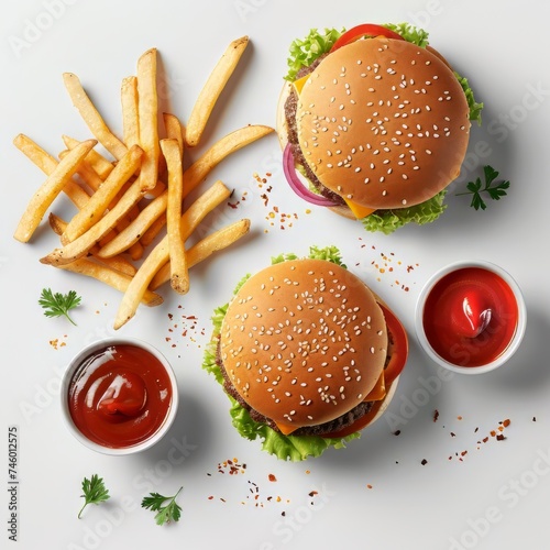 American Classic: Hamburger, French Fries, and Ketchup