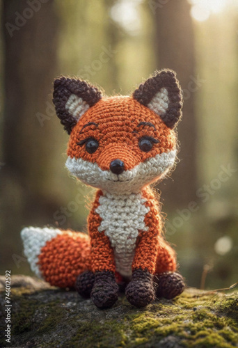 Little cute fox handmade toy on beautiful summer landscape background. Amigurumi toy making, knitting, hobby © Павел Абрамов