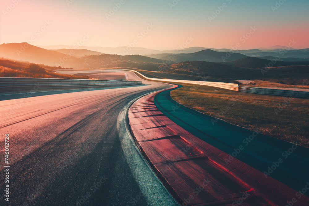 Fototapeta premium Low angle view of an empty racetrack featuring the curb
