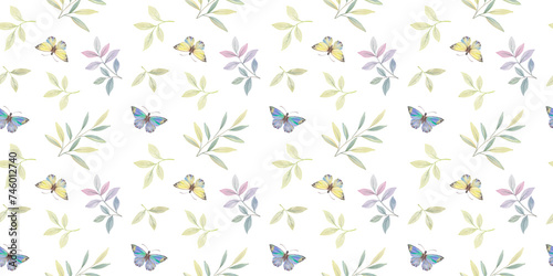 Seamless pattern with watercolor butterflies  branches and leaves