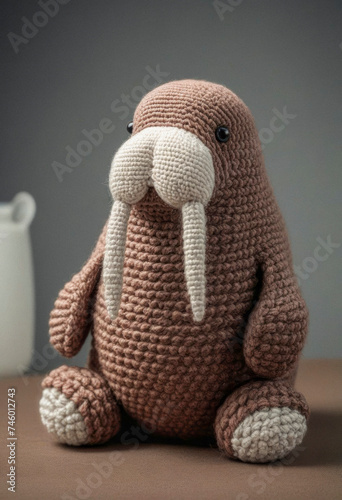 Little cute walrus handmade toy on simple background. Amigurumi toy making, knitting, hobby © Павел Абрамов