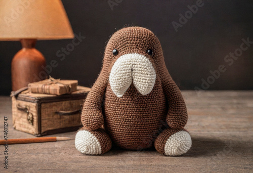 Little cute walrus handmade toy on simple wooden background. Amigurumi toy making, knitting, hobby © Павел Абрамов