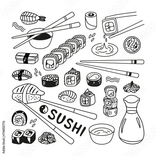 Japanese sushi roll set in hand drawn doodle style. Asian food for restaurants menu