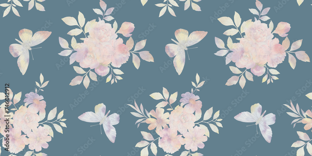 butterflies and flowers, seamless pattern on dark background, watercolor painting illustration, luxury wallpaper, premium modern design butterflies and flowers, seamless pattern on dark background, watercolor painting illustration, luxury wallpaper, premium modern design