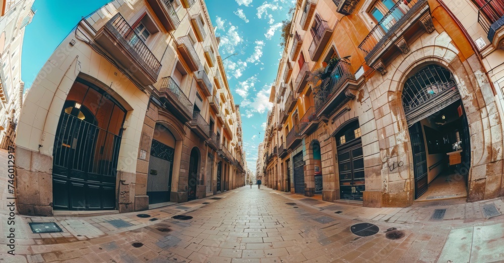 Wide Angle View of Barcelona City Street