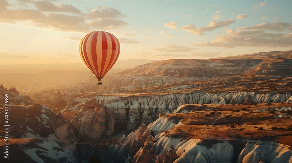 Fototapeta premium Serene hot air balloon flight over picturesque canyon at sunrise. clear sky, adventure concept, tranquil scenery. AI