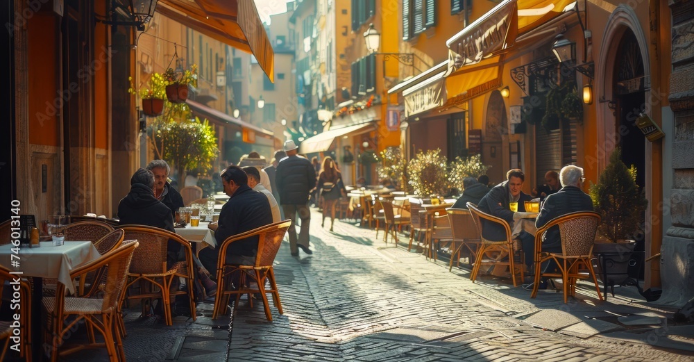 People Sitting at Tables in an Alleyway of a City