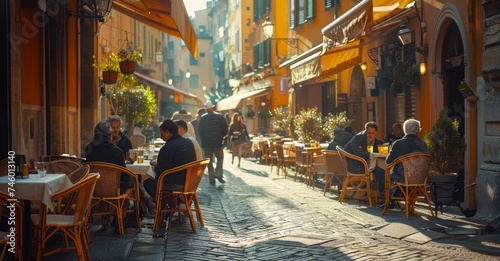 People Sitting at Tables in an Alleyway of a City