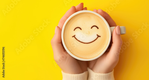 Closeup woman hands holding coffee cup with happy smiling face drawn on coffee, top view angle on isolated yellow background
