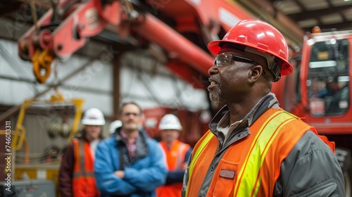 A crane operator conducting a safety briefing or training session for new crew members, emphasizing best practices and procedures for crane operations, #craneoperator photo