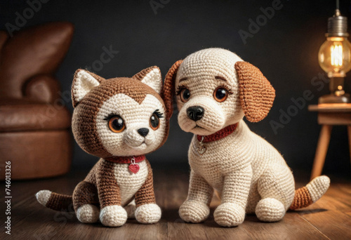 Little cute cat and dog handmade toys on room background. Amigurumi toy making, knitting, hobby