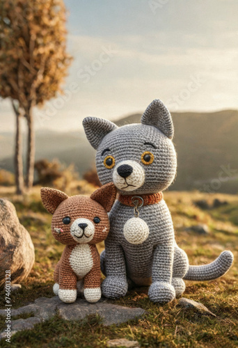 Little cute cat and dog handmade toys on beautiful summer landscape background. Amigurumi toy making, knitting, hobby