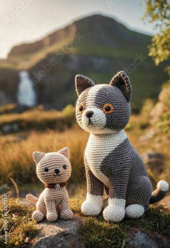 Little cute cat and dog handmade toys on beautiful summer landscape background. Amigurumi toy making, knitting, hobby © Павел Абрамов