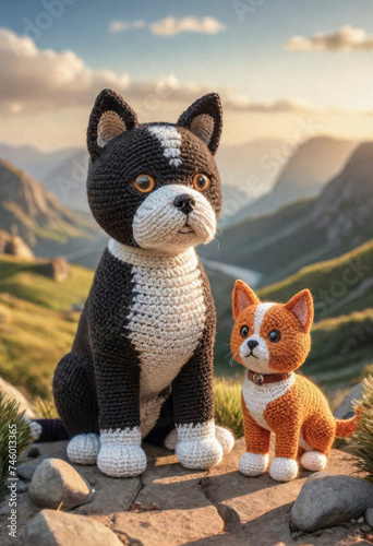 Little cute cat and dog handmade toys on beautiful summer landscape background. Amigurumi toy making  knitting  hobby
