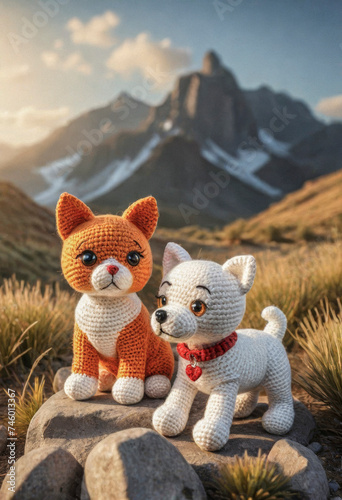 Little cute cat and dog handmade toys on beautiful summer landscape background. Amigurumi toy making, knitting, hobby