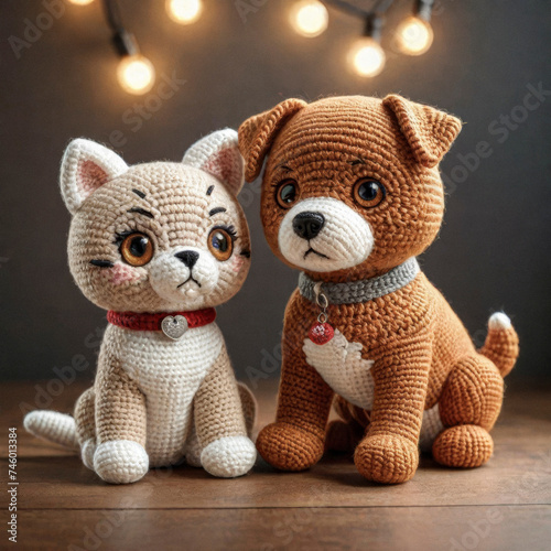 Little cute cat and dog handmade toys on room background. Amigurumi toy making, knitting, hobby © Павел Абрамов