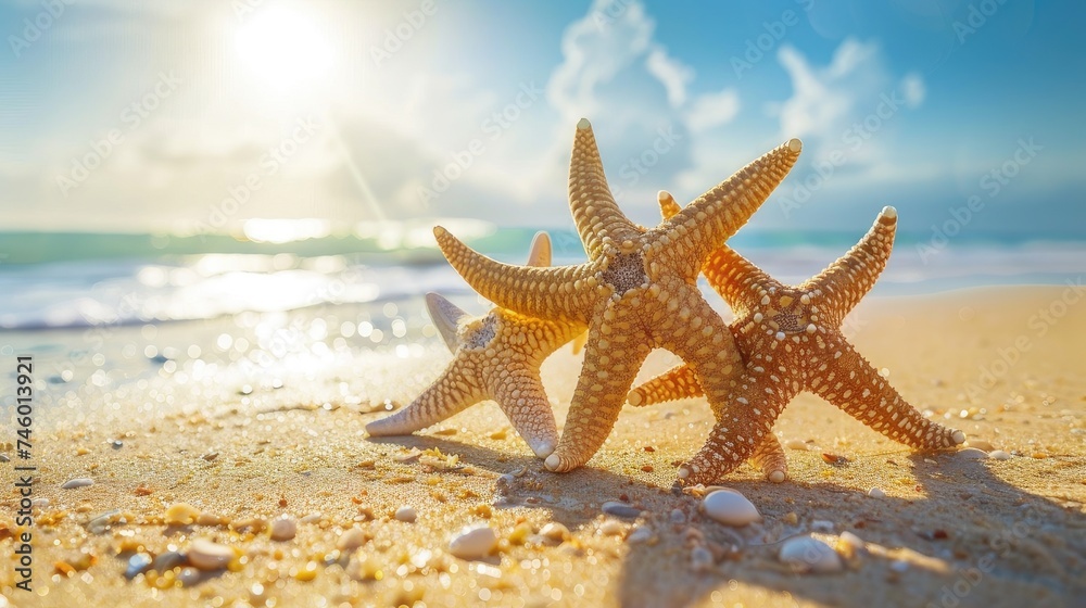 Immerse yourself in a tropical paradise—starfish, sandy beach, and ocean, captured in stunning detail with shallow depth of field Immerse yourself in a tropical paradise—starfish, sandy beach, and ocean, captured in stunning detail with shallow depth of field
