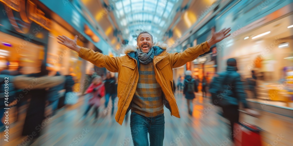 A mature brunette Caucasian man exudes confidence and sophistication as he strikes a dynamic pose against the blurred backdrop of a modern, motion-blurred shopping mall filled with bustling shoppers.