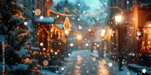 Snowy Street With Lights and Christmas Tree