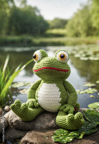 Little cute frog handmade toy on beautiful pond background. Amigurumi toy making  knitting  hobby