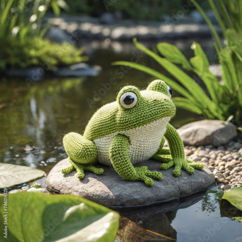 Little cute frog handmade toy on beautiful pond background. Amigurumi toy making  knitting  hobby