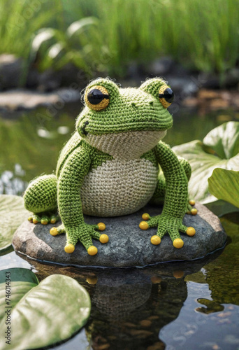 Little cute frog handmade toy on beautiful pond background. Amigurumi toy making, knitting, hobby © Павел Абрамов
