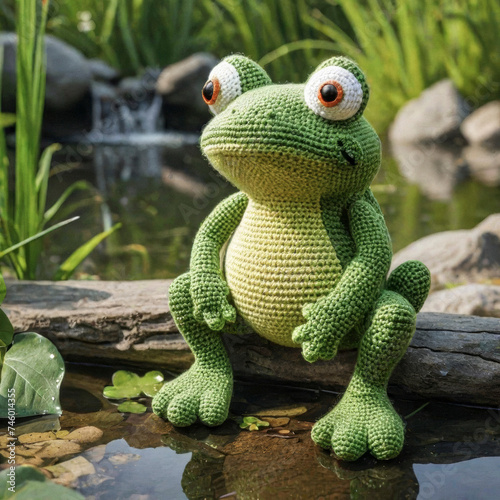 Little cute frog handmade toy on beautiful pond background. Amigurumi toy making, knitting, hobby