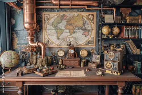 Assorted Items on Vintage Steampunk Office Desk