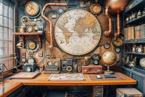 Assorted Clocks Fill Vintage Steampunk Office